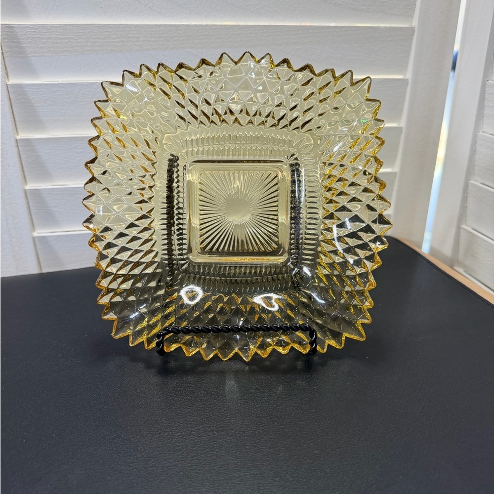 Mid Century Indiana Glass Amber Pressed Diamond Point Square Bowl